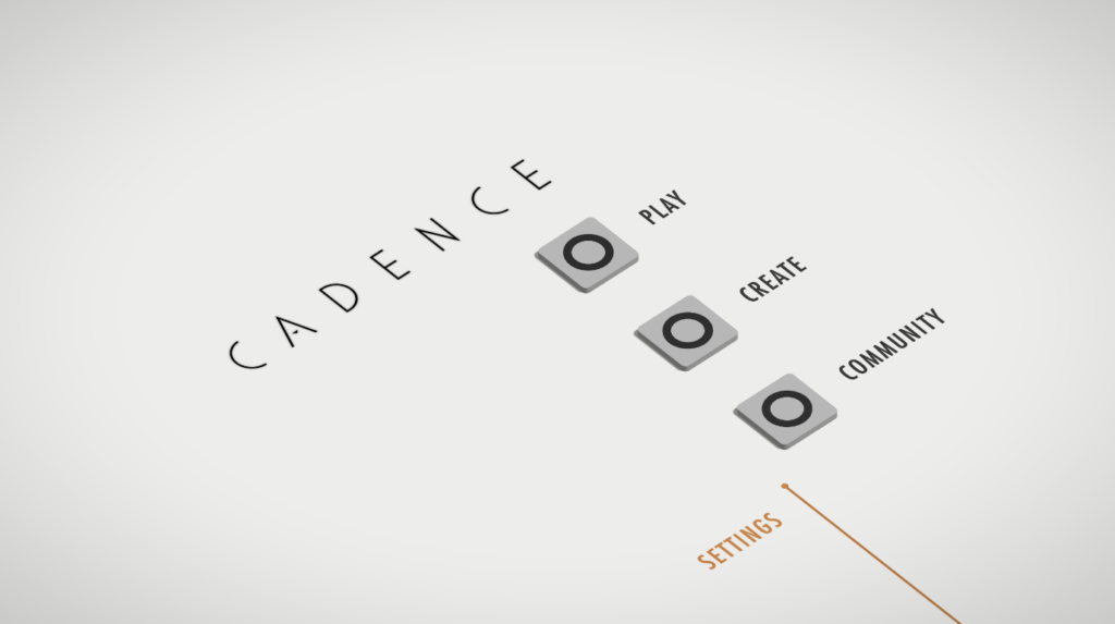 Image shows the main starting page of the game Cadence with Play, Create and Community buttons along with the setting link.