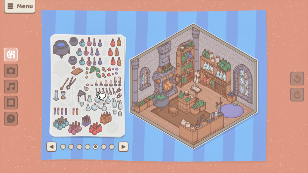Little Corners = a sticker sheet containing furniture is shown besides a room filled with other items