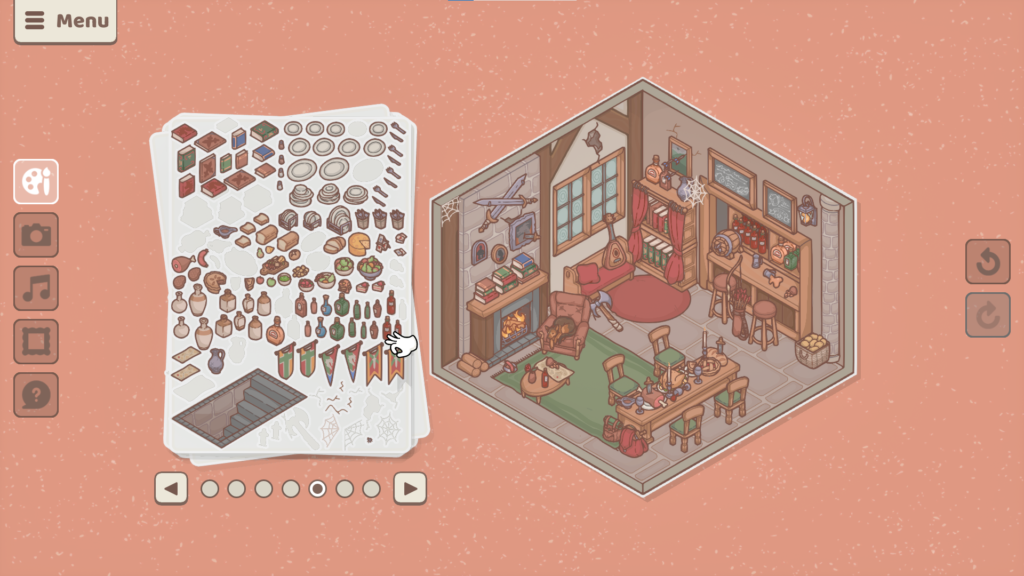 Little Corners - a sticker sheet containing furniture is shown besides a room filled with other items
