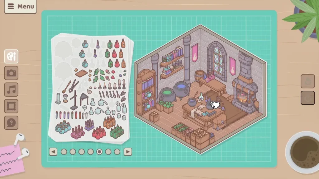 Little Corners - a sticker sheet containing bottles and potions is shown besides a room filled with other items