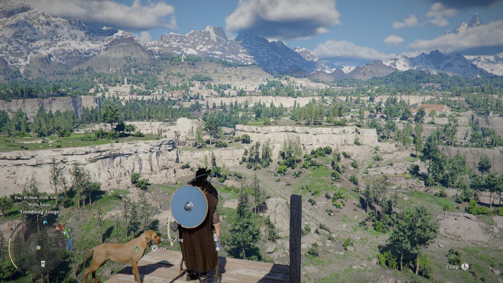 Crimson Desert - A view that shows of the starting area of the game. towns and settlements can be seen over many differnt inclines in a lightly wooded area