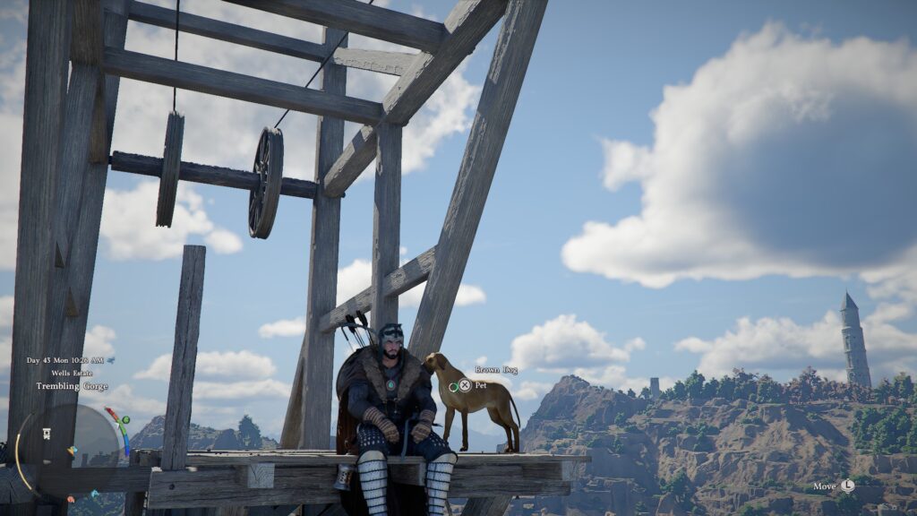 Crimson Desert - Kliff and his dog sits down with a tower in the background