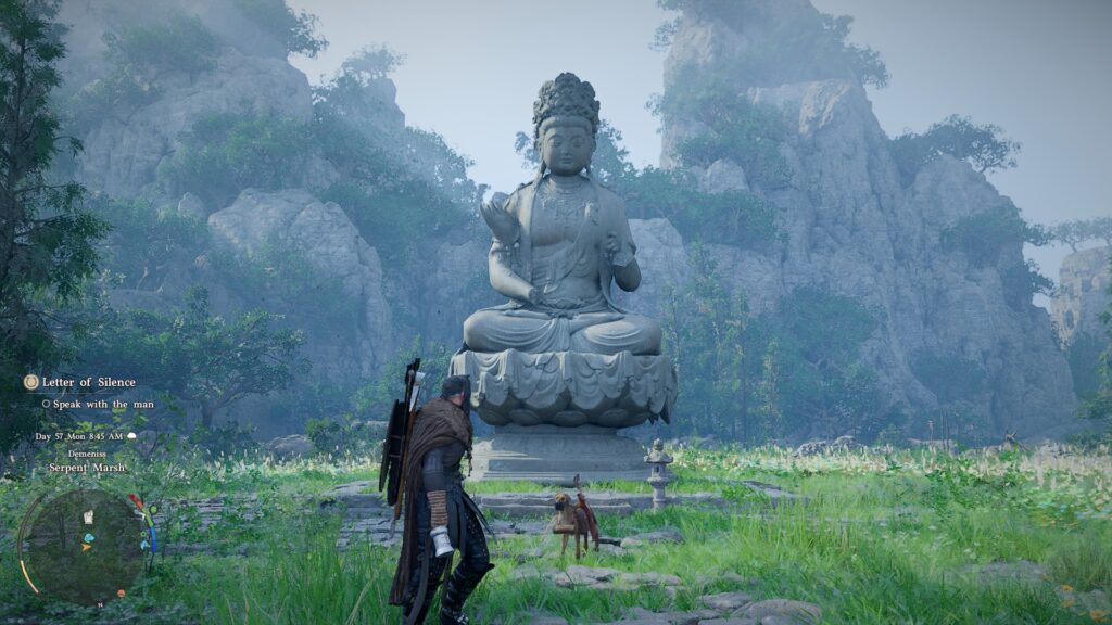 Crimson Desert - Kliff stand in front of an eastern inspired statue in rocky sanctuary