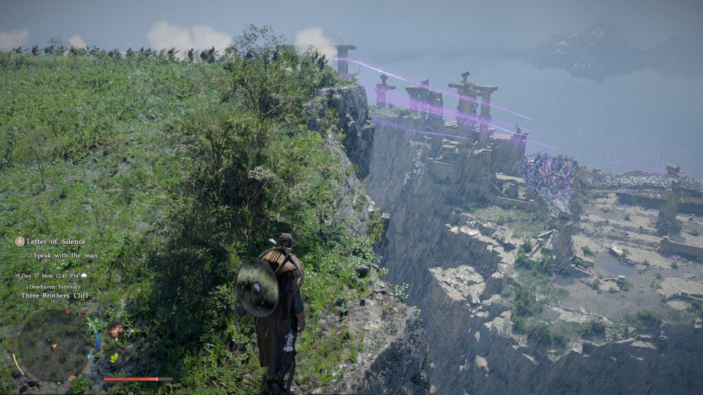 Crimson Desert - Kliff stand on a cliff in the rain while an army of gunmen, fire over the cliff at an obscured creature