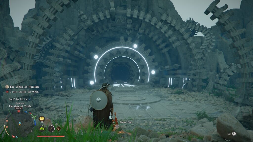 Crimson Desert - Kliff standing in front of an onimous cave entrance that seem to have technology carved from the rock
