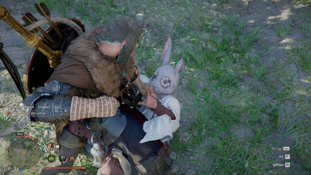 Crimson Desert - Kliff catches a bounty target who is wearing a bunny styled mask. Kliff pins the target down.