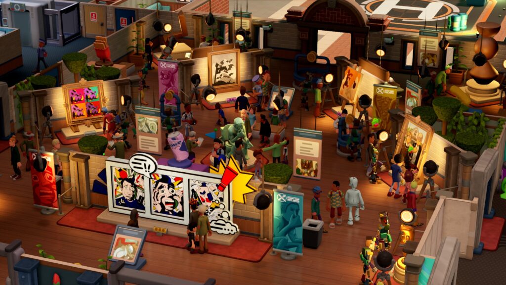 Two Point Museum: Arty-Facts: Isometric view of decorated art gallery with guests looking at paintings