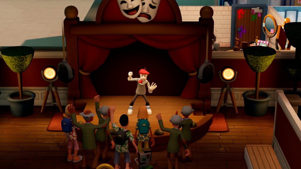 Two Point Museum: Arty-Facts: Isometric view of a mime on stage entertaining guests