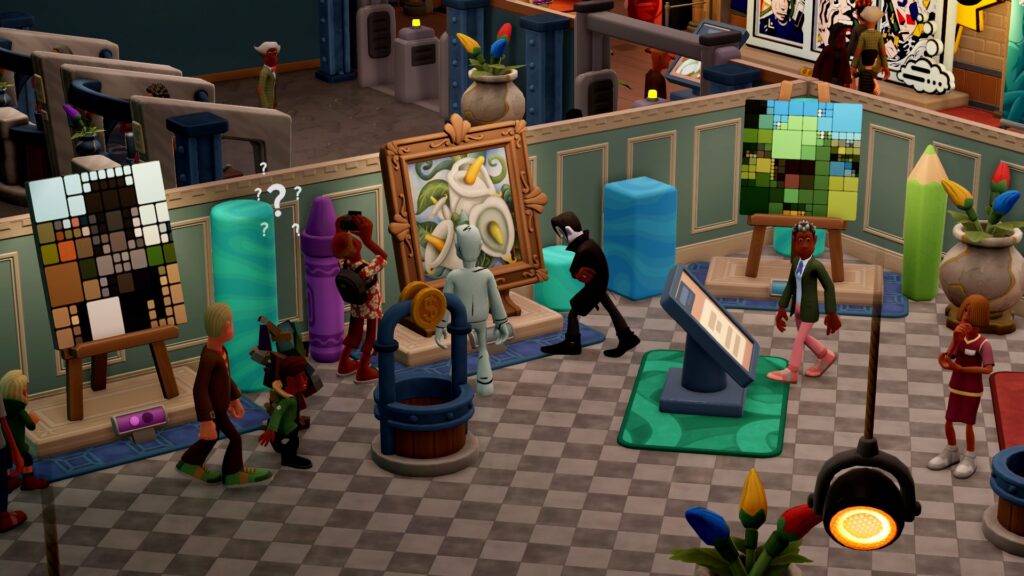 Two Point Museum: Arty-Facts: Isometric view of a set of customised portraits with mingling guests