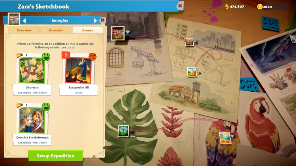 Two Point Museum: Arty-Facts: Overview of a desk with sketches with a game menu detailing the events of the POI