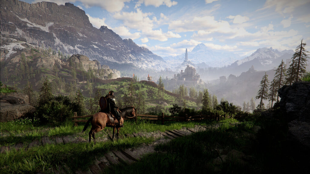 Crimson Desert - Kliff on horseback in a landscape view that showcases several different biomes
