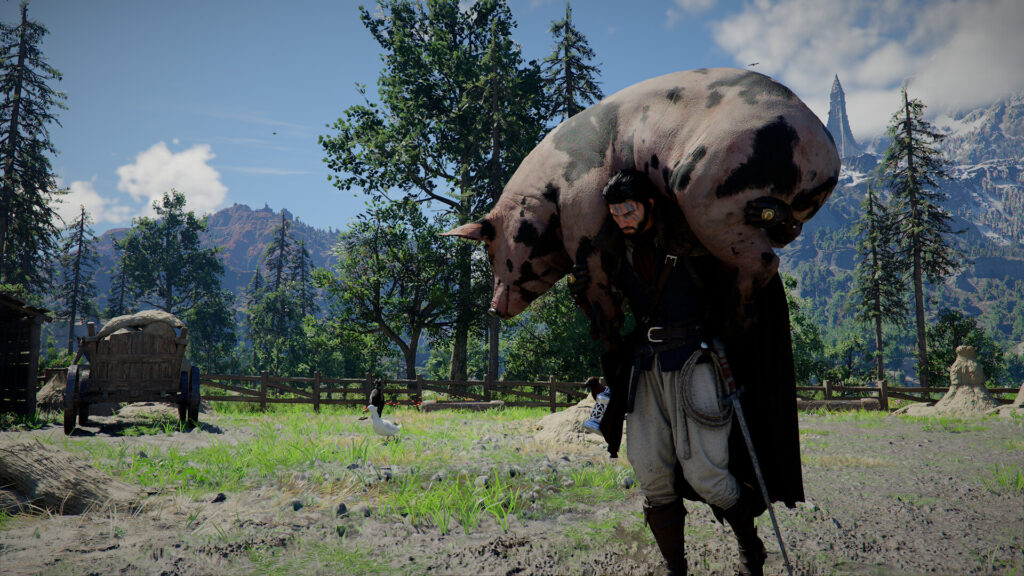 Crimson Desert - Kliff carries a pig on his back in a field