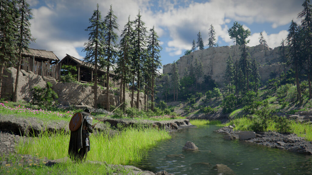Crimson Desert - Taking a quiet moment to fish in a river with wooden building and trees in the background