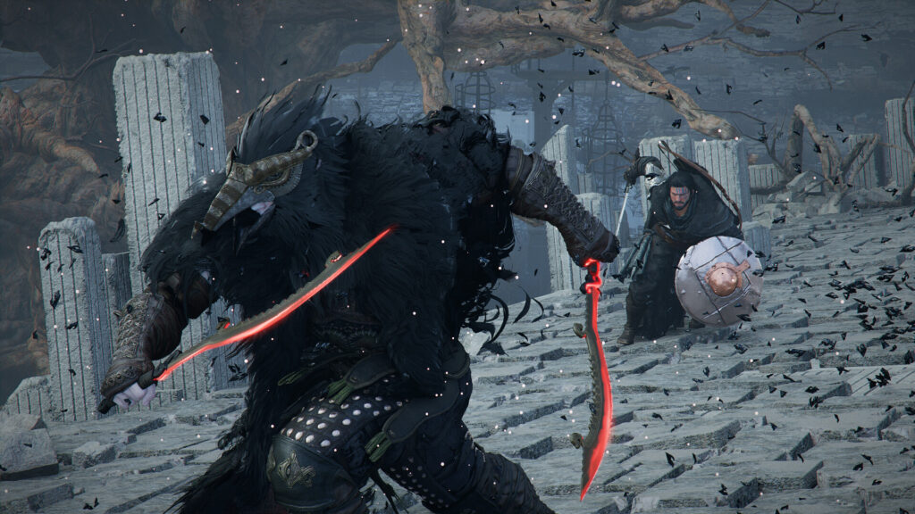 Crimson Desert - Kilff in a battle with a black crow themed aggressor. feathers are flying everywhere