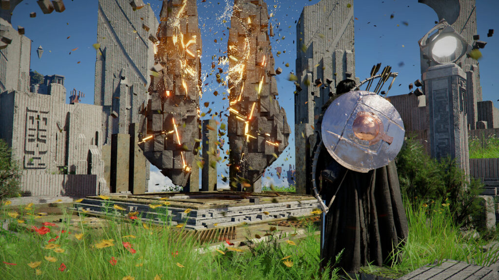 Crimson Desert - Kliff stands amongst geometric stonework while a magical gate forms in front of him