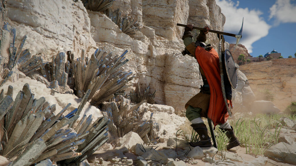 Crimson Desert - Kliff mines a crystaline ore with a pickaxe from the base of a cliff