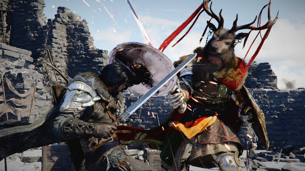 Crimson Desert - Kilff clashes his shield into a sword attack from one of the games many boss encounters