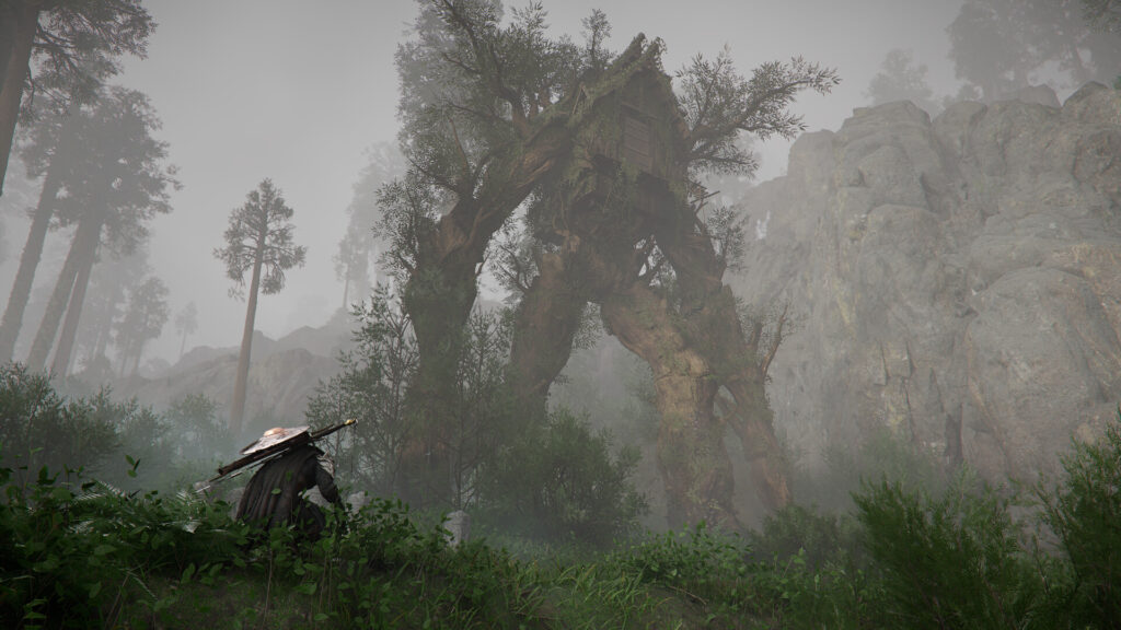 Crimson Desert - Kliff is dwarfed by an tree like creature while in a misty forest