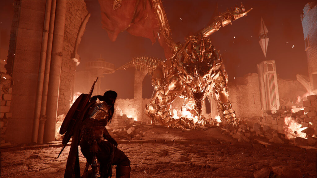 Crimson Desert - Kliff faces what looks like a mechanical dragon while fire burns around illuminating the screen in a red glow