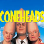 A bright blue sky with fluffy white clouds in the background, three people at the bottom centre facing forward with coneheads. The title "Coneheads" in the middle centre and the TYG Talks logo in the bottom left