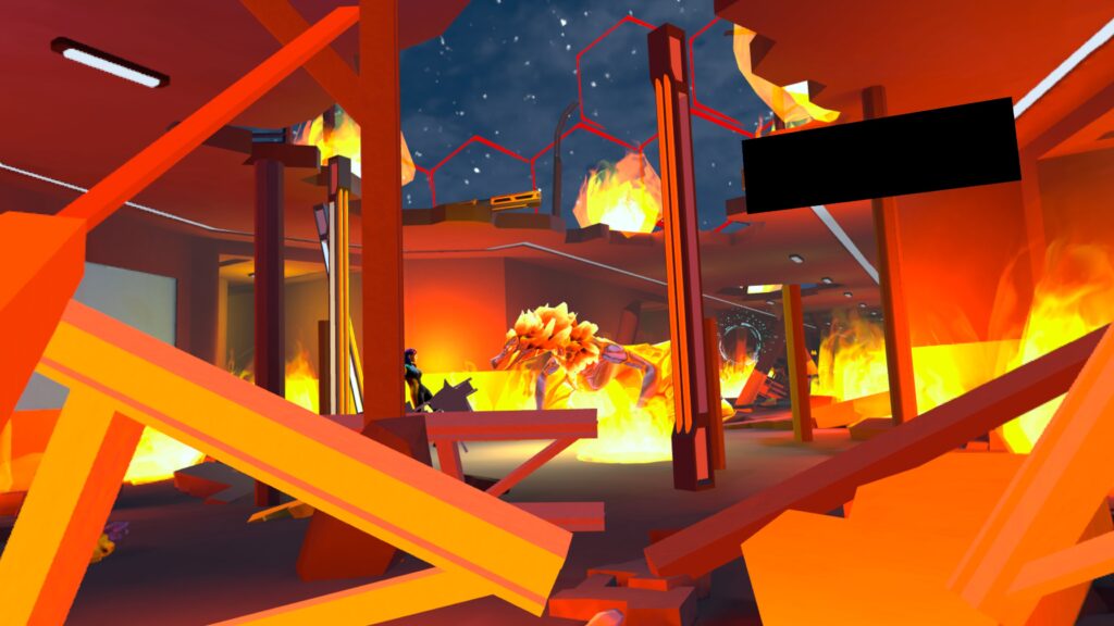 The Phoenix Gene : the phoenix and Jackie face each other with a burning building around them