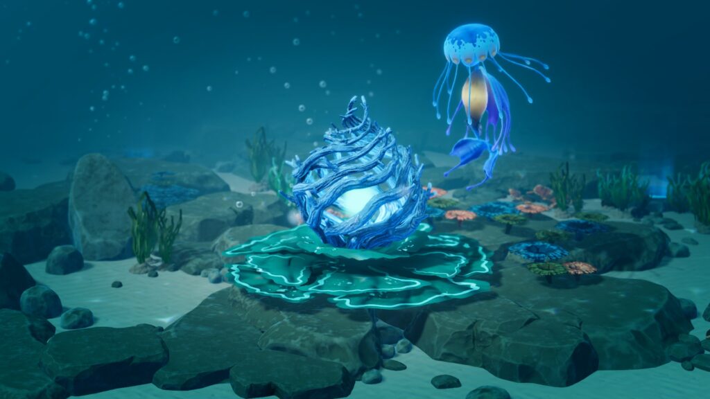 Life Below - an aesthetic blue ocean scene as a squid-like creature looks at a large plant like core