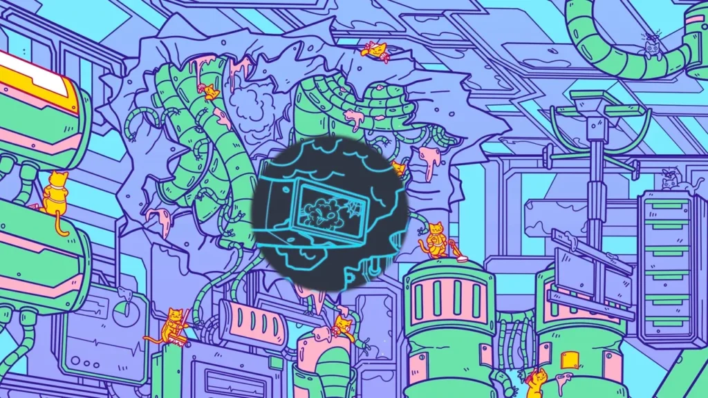 A very busy image with all the cats hidden and the X-ray goggles activated showing more hidden items. A Planet Full Of Cats 
