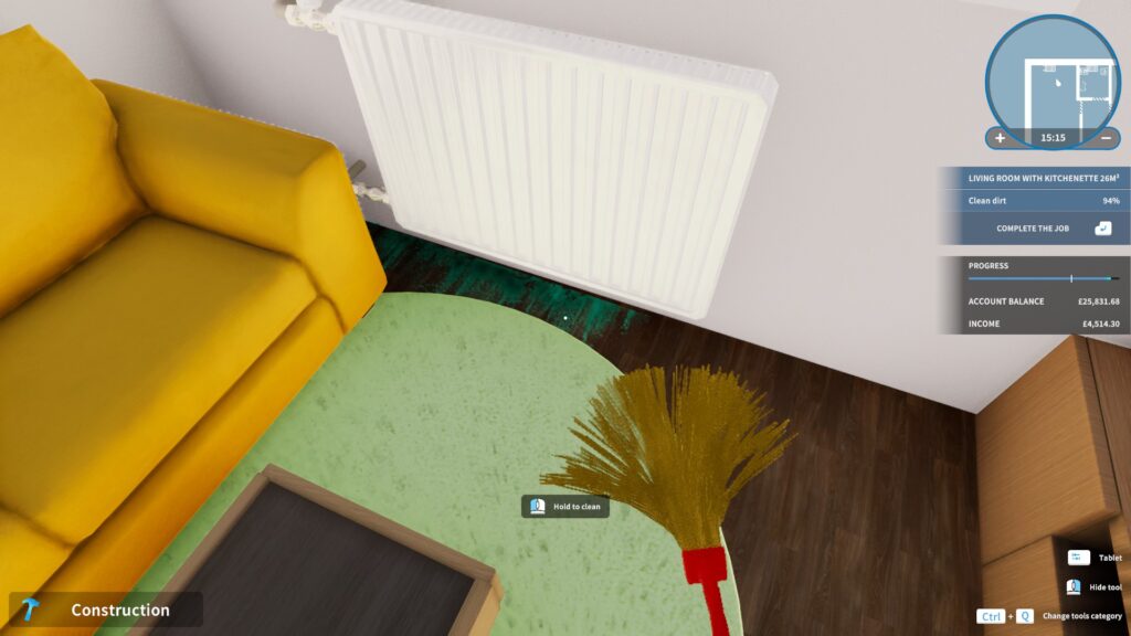  House Flipper Remastered Collection - a brush is held to the floor to clean the mess