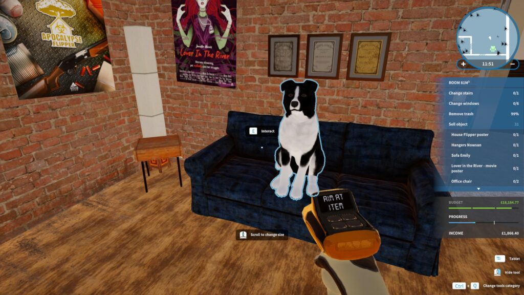  House Flipper Remastered Collection - a border collie sits on a sofa stopping it from being sold