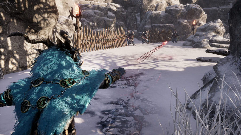 Kristala: the player launches a projectile at incoming enemies in a snowy environment