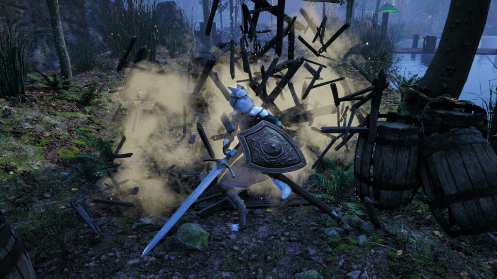 Kristala: the main character wields a sword and shield which destroys a wooden structure