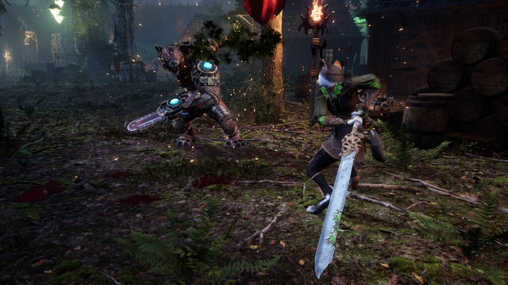 Kristala: the main character fights a large bipedel rat enemy who is armed with a chainsaw arm