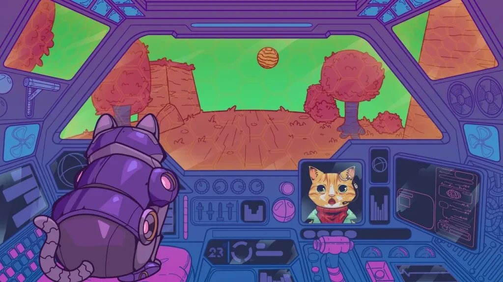 A colourful image of a purple armoured cat in a spaceship landing on a orange and green planet. Also a has a cat on the communications screen talking to the armoured cat. A Planet Full Of Cats 