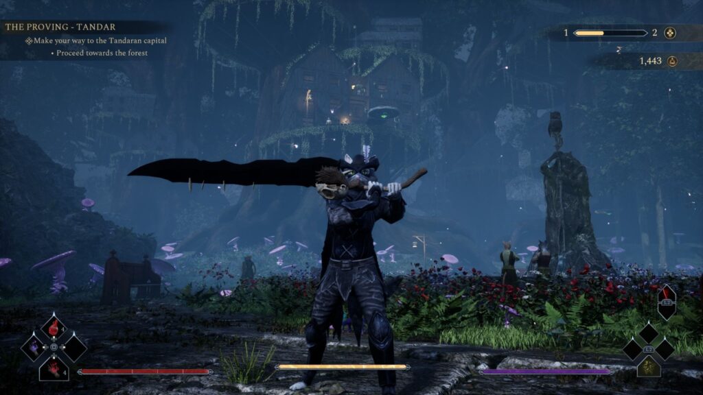 Kristala : the Main character holds a great sword in a wooded village