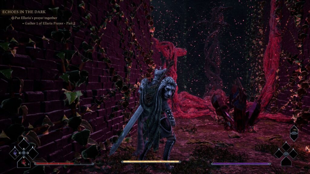 Kristala a heavily armoured warrior with ornate pauldrons stands in an area with a red aura in the air