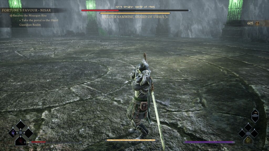 Kristala - the player emotes in a boss arena, the bosses name is Elder Samwise, Shard of Ursal