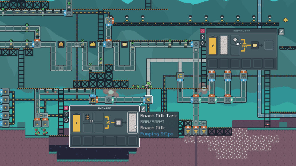 Snacktorio - a 2d landscape of a pixel art factory showing to machine menus