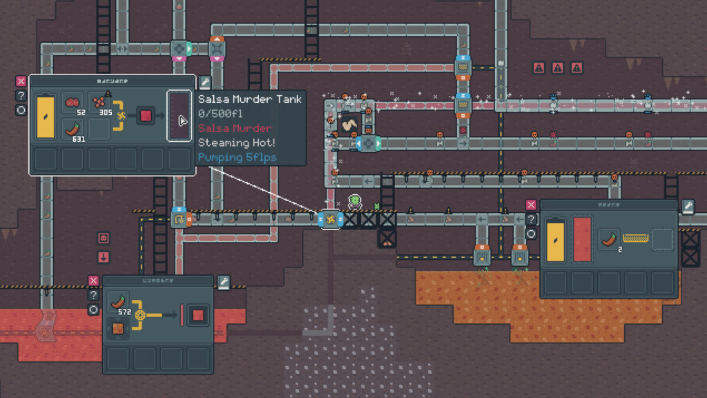 Snacktorio - a 2d landscape of a pixel art factory with menus open to show mixers