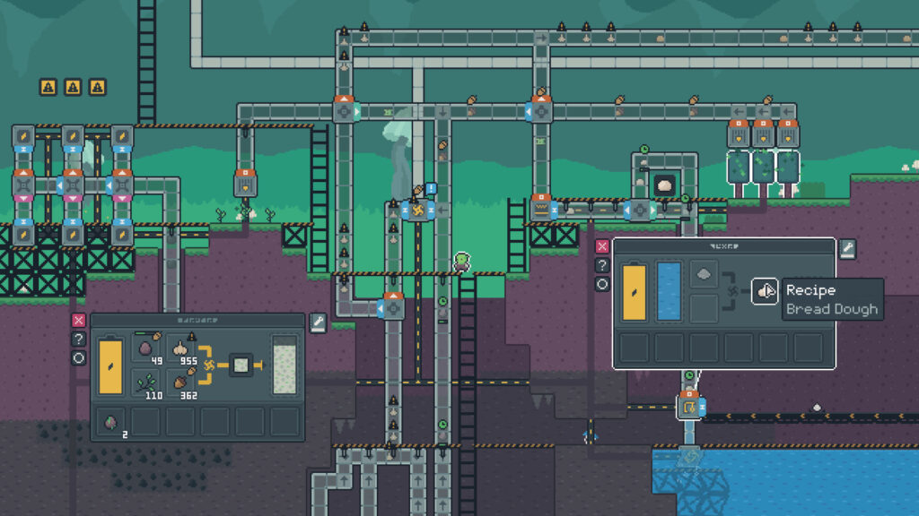 Snacktorio - a 2d landscape of a pixel art factory as water is added to the system