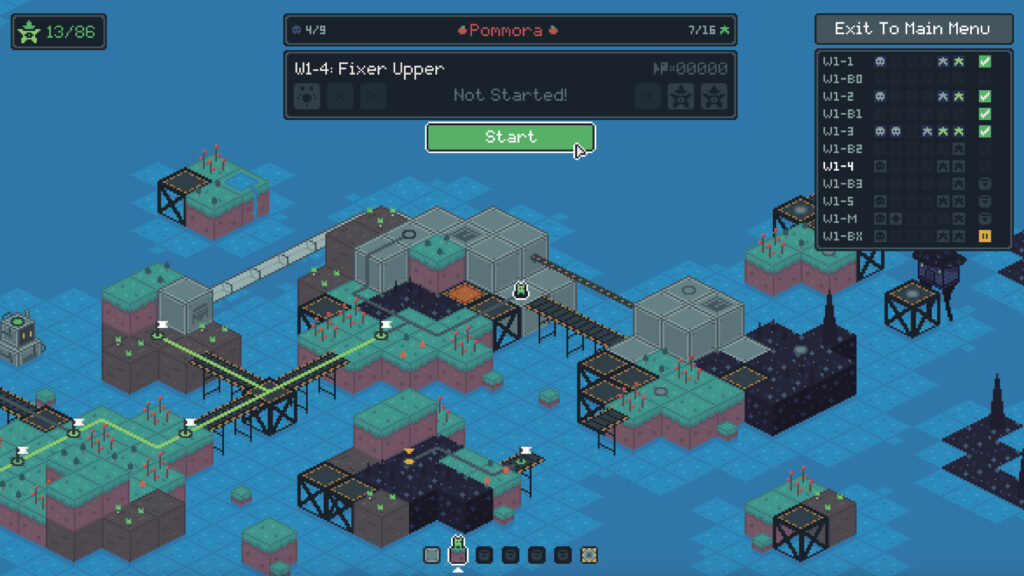 Snacktorio - a 2d landscape of a pixel art map with each of the levels pointed out