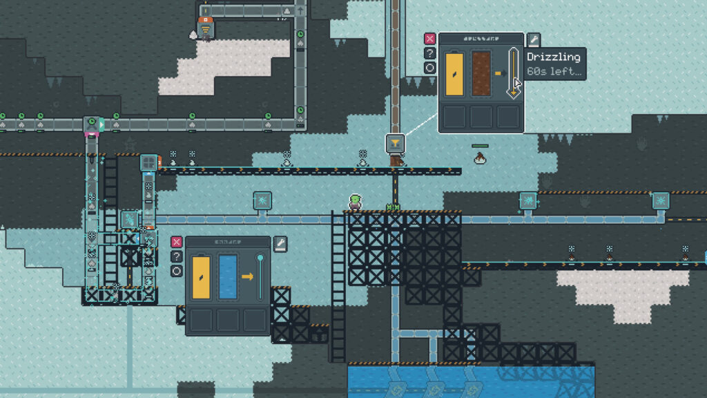 Snacktorio - a 2d landscape of a pixel art factory showing a water pump system