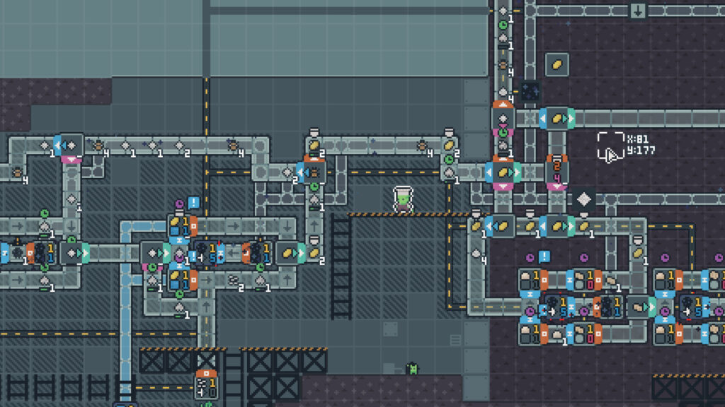 Snacktorio - a 2d landscape of a pixel art factory showing a complex tube system