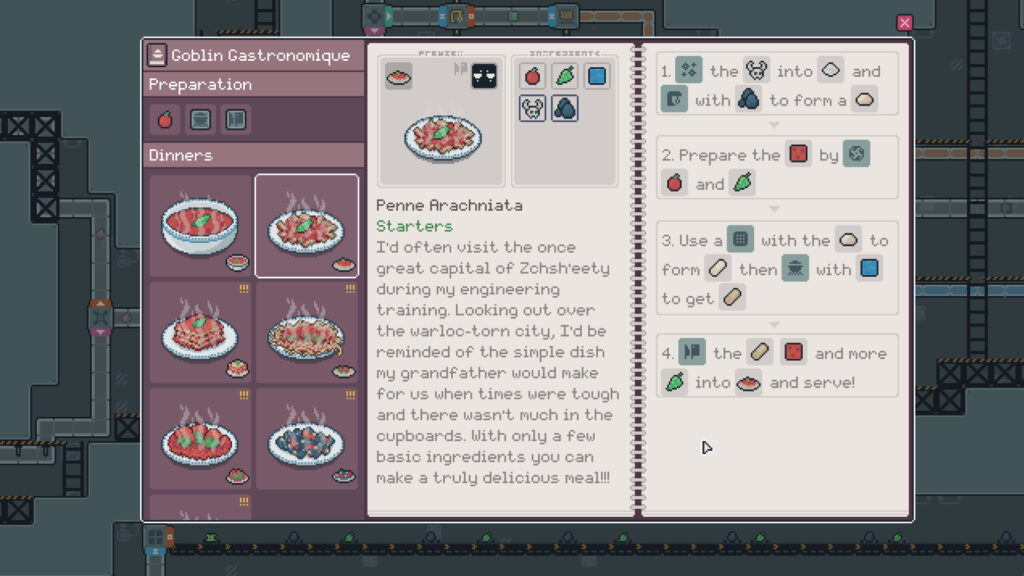 Snacktorio - a 2d landscape of a pixel art factory showing the recipe book