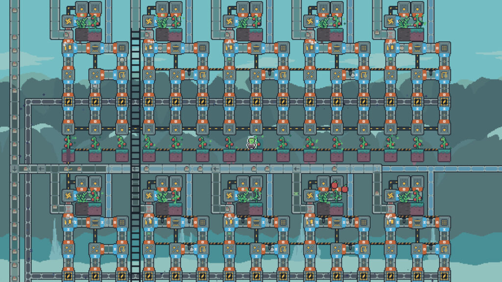 Snacktorio - a 2d landscape of a pixel art factory with a complex food farm system