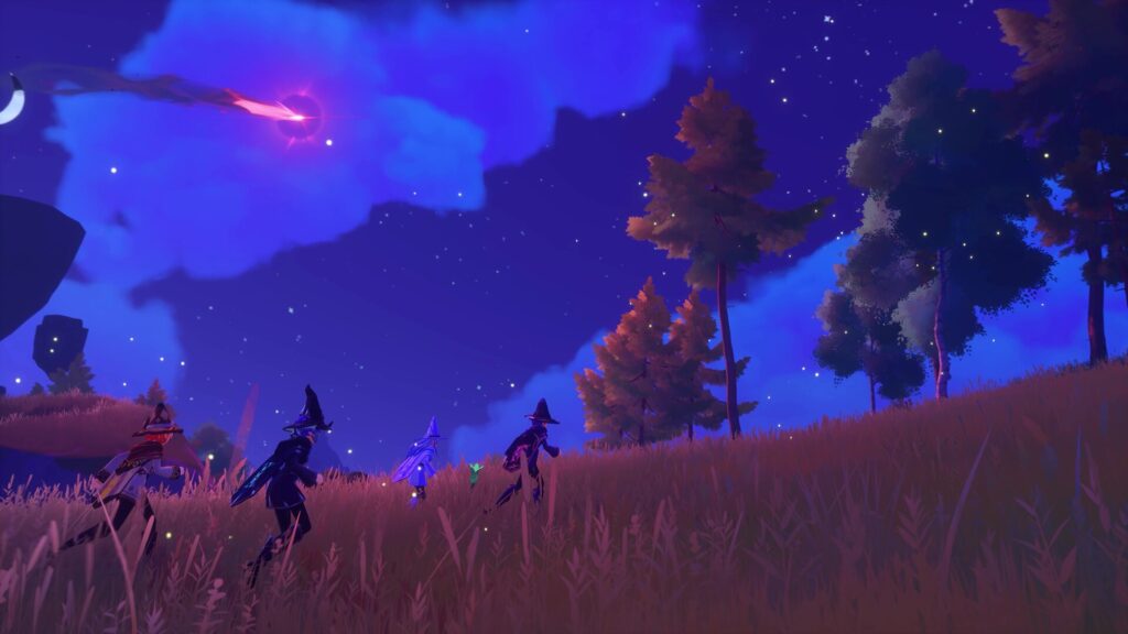 Witchspire -four players at night running under a falling star