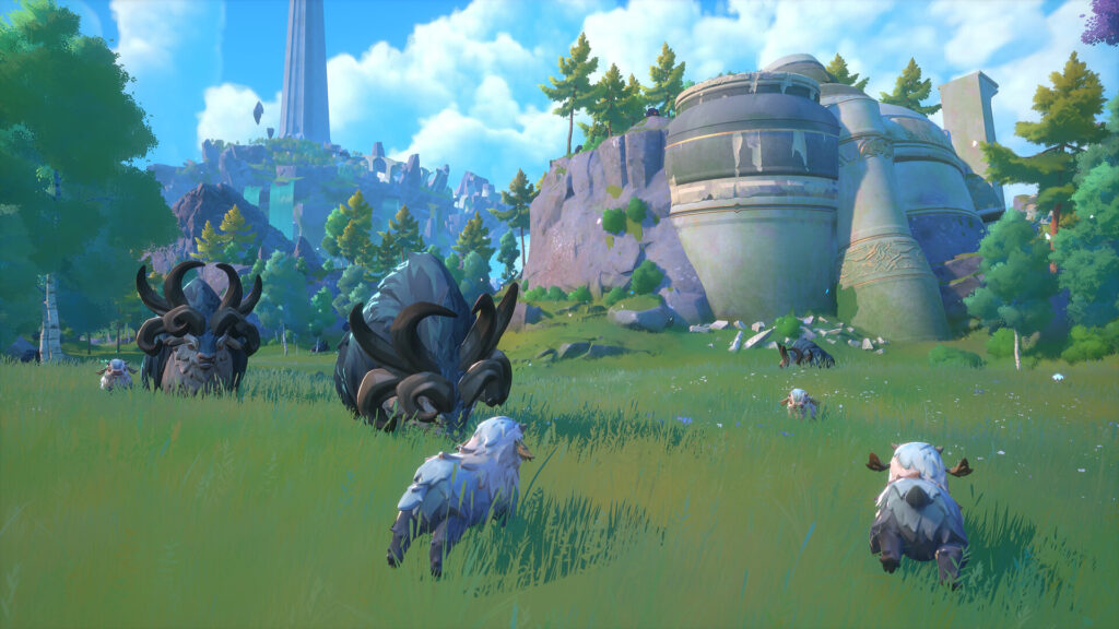 Witchspire - a green hillside with lots of lamb and ram-like creatures