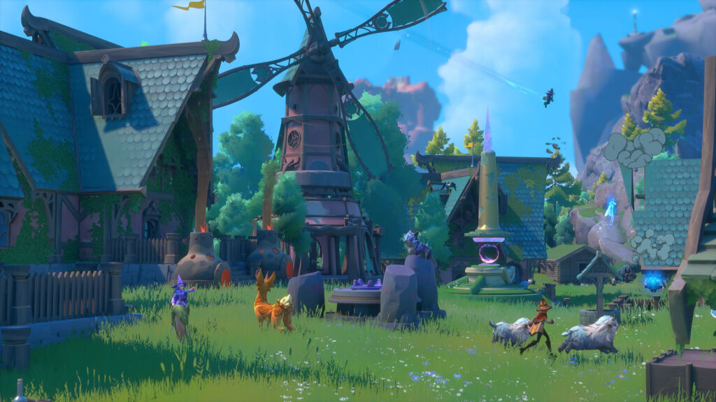Witchspire - a busy homestead with multiple buildings and lots of familiars