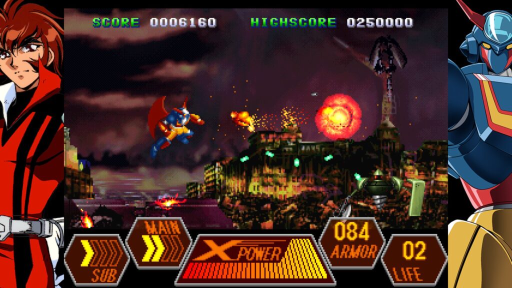 A screenshot of Geppy-X gameplay as the avatar blows up a building