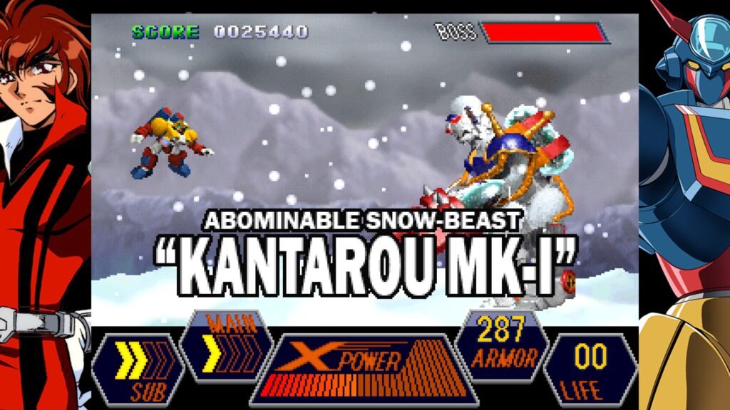 A Boss appears at the end of the level who is a large robot/gundam in Geppy-X