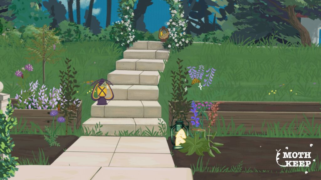 Mothkeep - Depicting stone slab walkway and stairs, oil lamps and different plants and flowers in various colours, yellow, lilac, white, red.
Lush green grass and various trees in the far back. White rose arch.